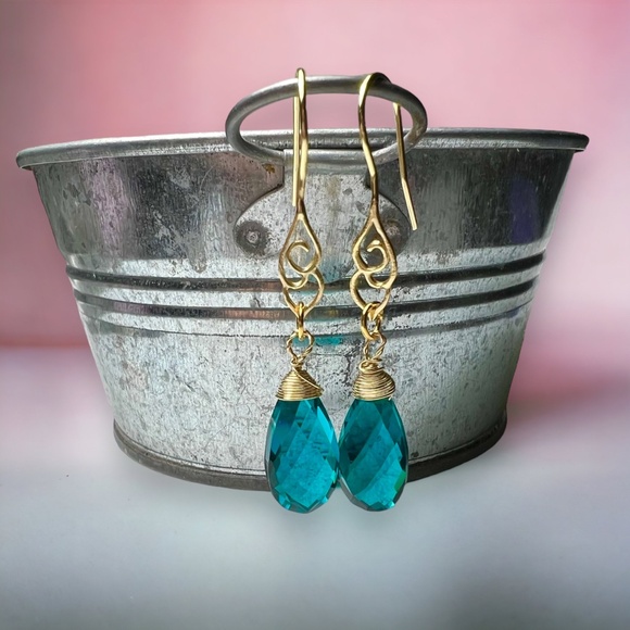 Paraiba Teal Tourmaline Earrings 14K Yellow Gold Vermeil , October Birthstone - Picture 6 of 7